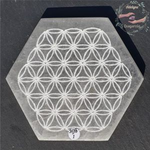 Fleur de vie gravée sur plaque hexagonale en Sélénite ( Gypse fibreux ), Hfb01